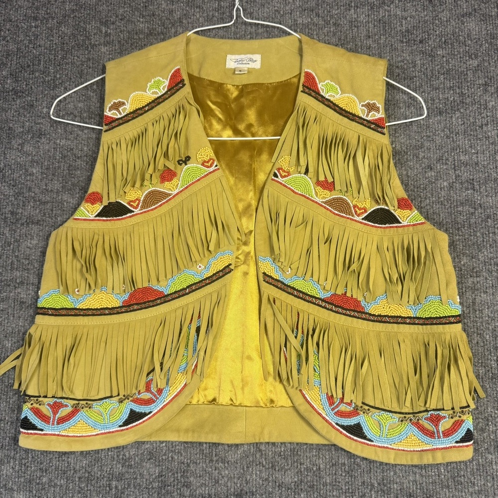 Real Leather Fringe Vest Women Small Tan Beaded Western Boho Cowgirl Rodeo Ranch